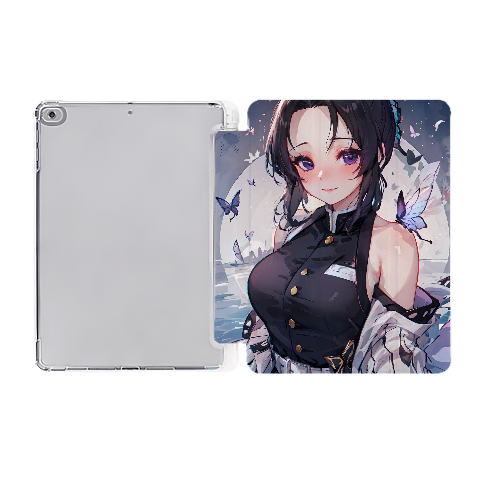 （画像用） 鬼滅の刃（きめつのやいば）蟲柱-胡蝶 しのぶ／こちょう しのぶ Kochou Shinobu IPad ケース ペン収納付き 三つ折りスタンド PUレザー×シリコン 対応機種9.5/10.5/10.9インチ